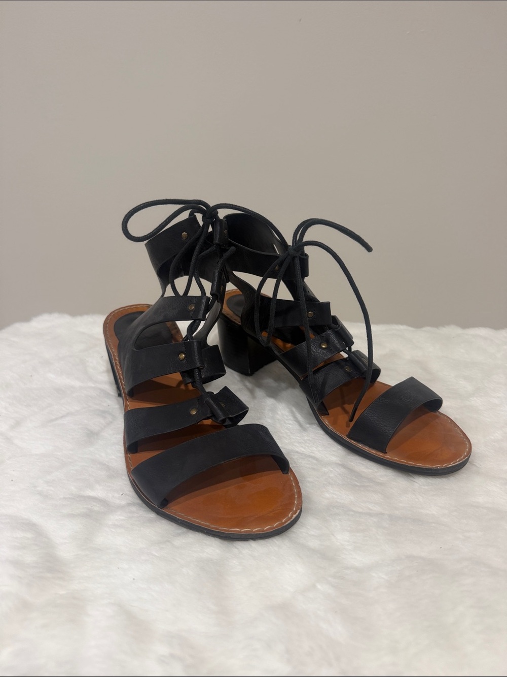 BAMBOO Black Lace-Up Strappy Block Heel Sandals